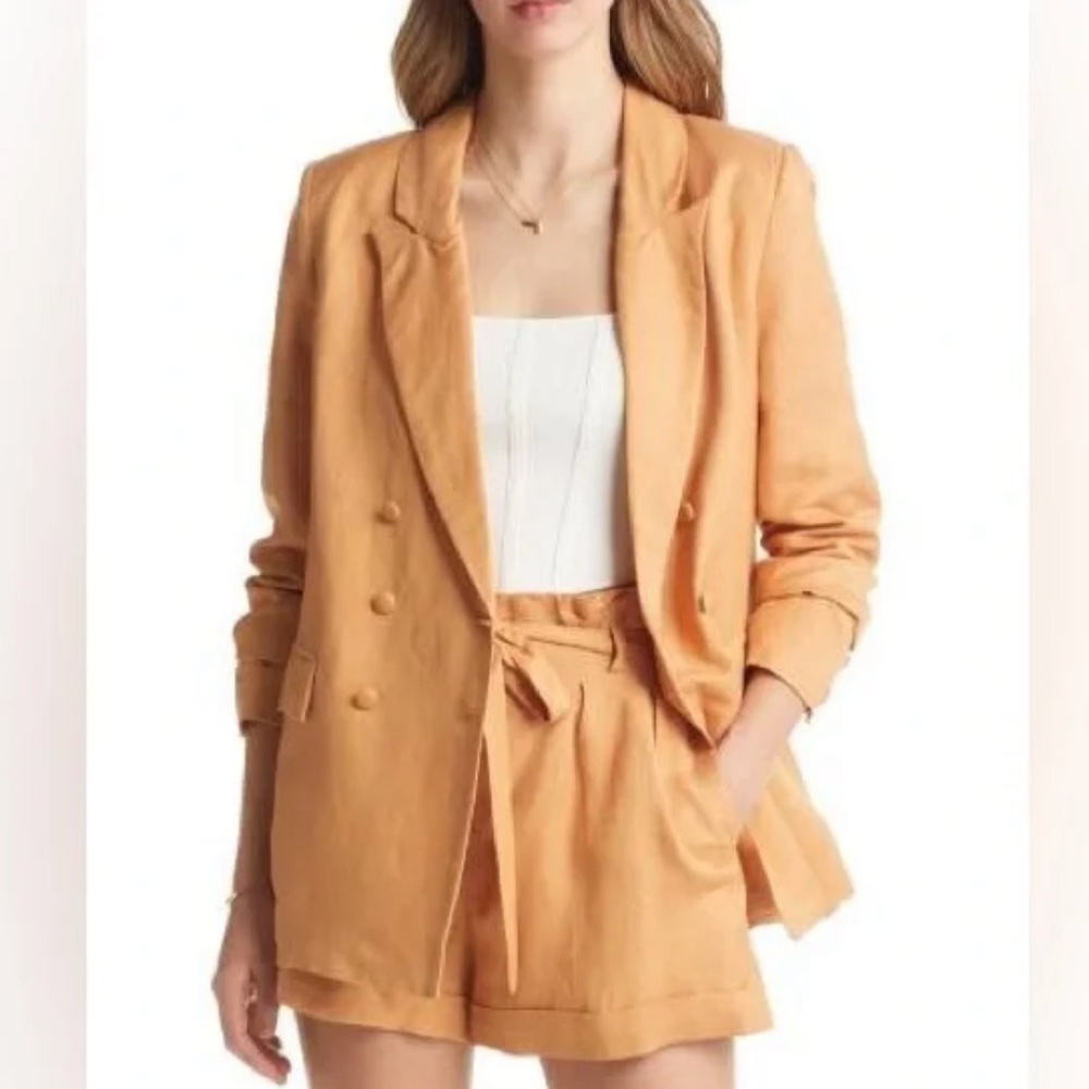 Vici Collection Linen Blend Double Breasted Camel Brown Blazer Jacket NWT Size S
